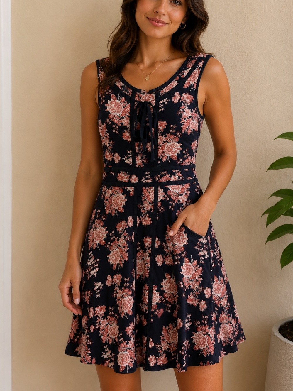 Sleeveless Black Floral Tie-Front Maxi Dress with Pink Blooms